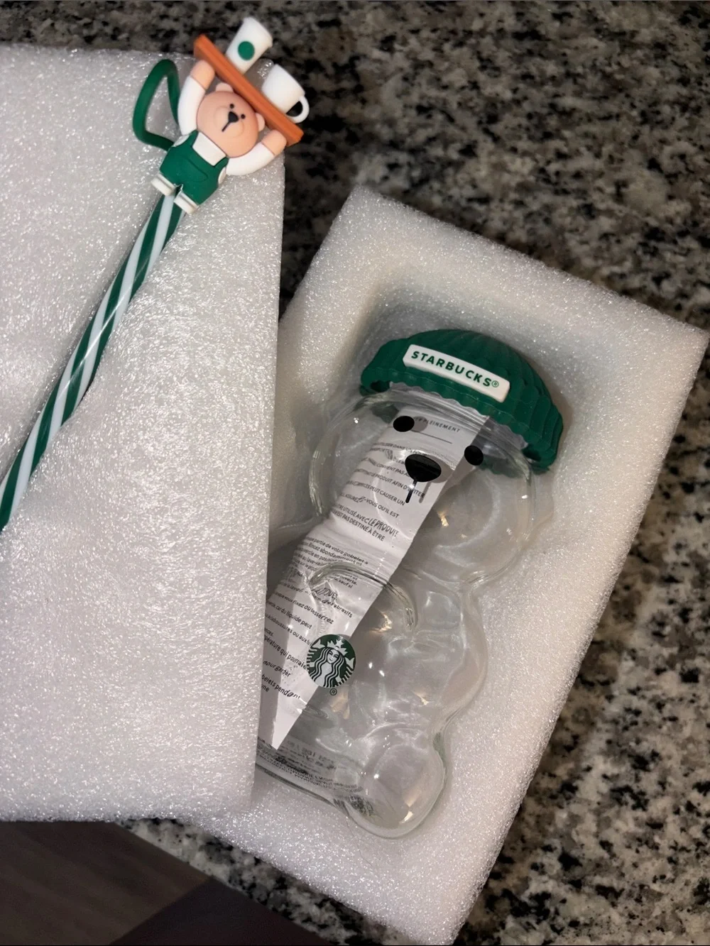 Starbucks Clear Bear-Shaped Glass Cup with Green Beanie Lid